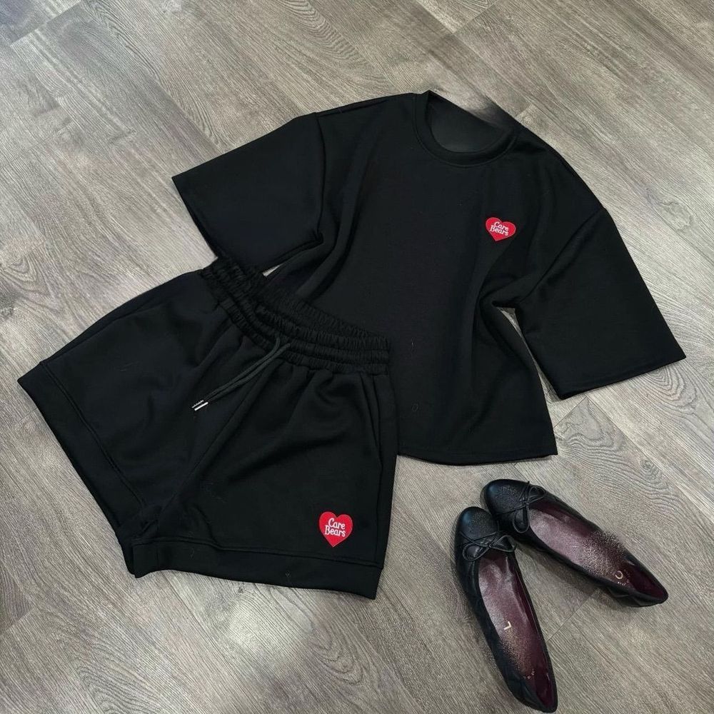 Bộ tay lỡ quần short thêu tim Chất thun conton, thấm hút mồ hôi tốt freesize dưới 70kg