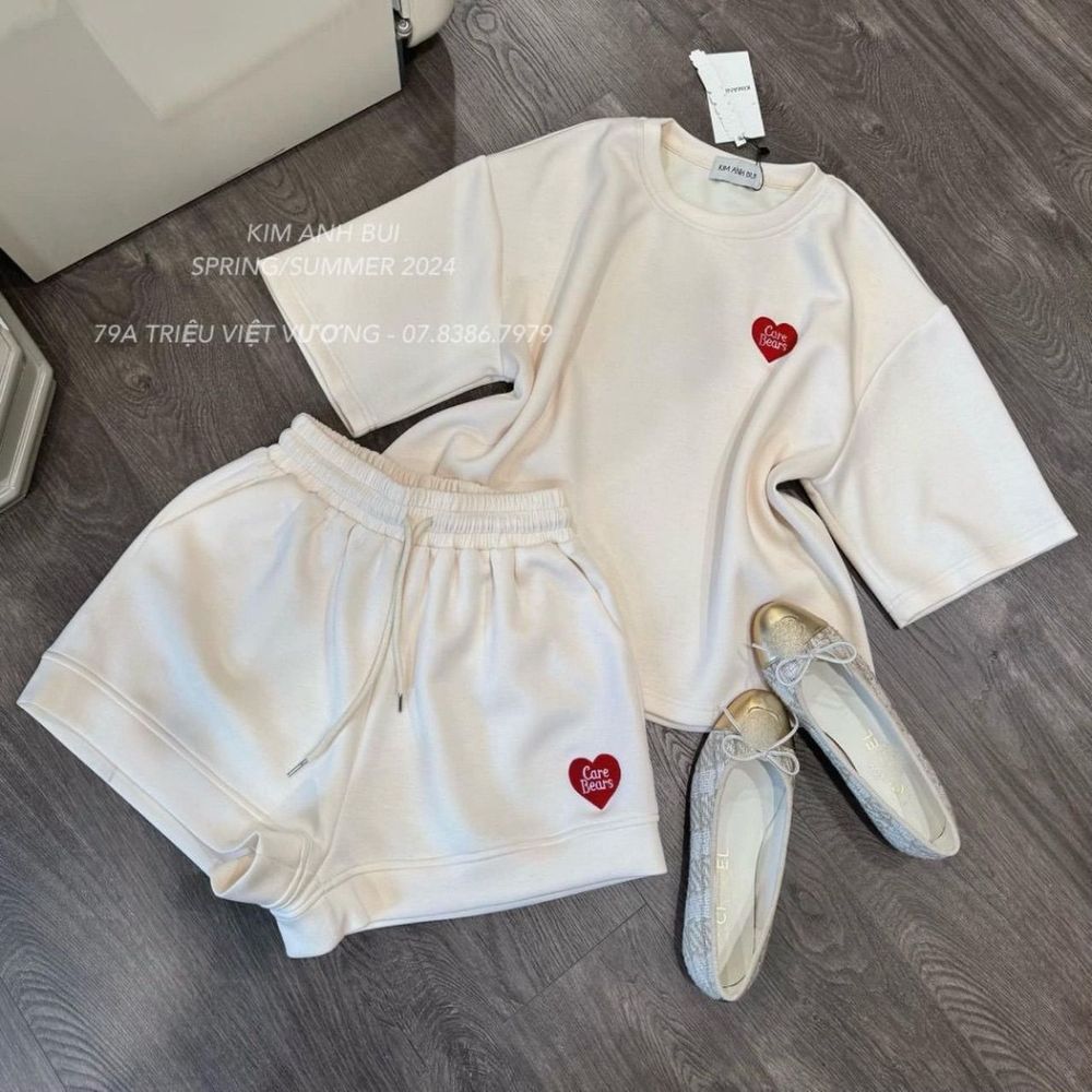Bộ tay lỡ quần short thêu tim Chất thun conton, thấm hút mồ hôi tốt freesize dưới 70kg