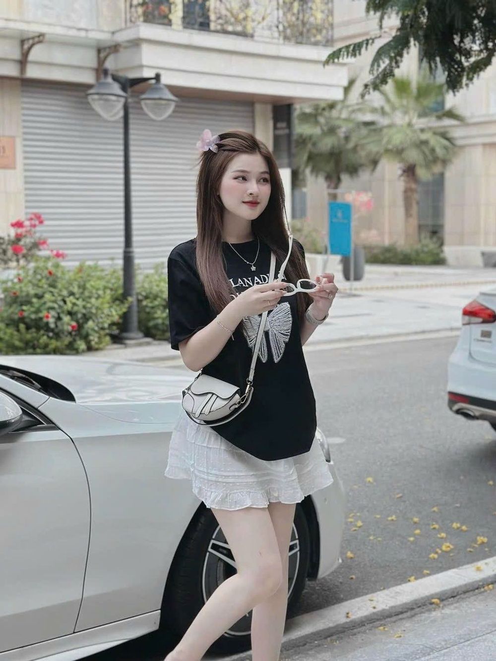 Set Bộ Đồ Nữ Áo Thun in Hình Nơ Mix Chân Váy Bèo 2 Lớp Chấm Hạt Ngọc Kèm Quần Trong