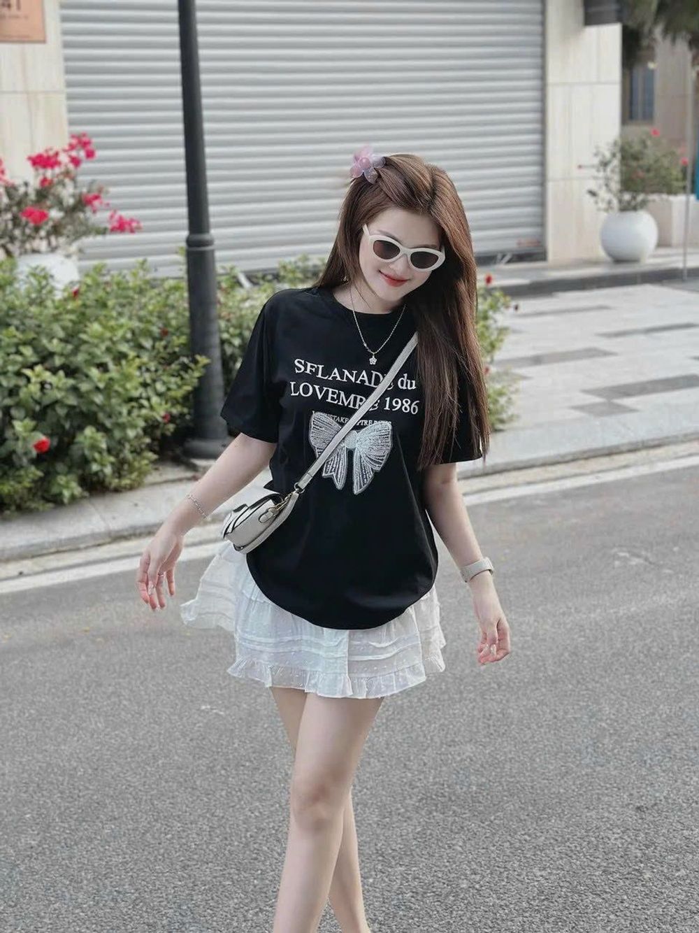 Set Bộ Đồ Nữ Áo Thun in Hình Nơ Mix Chân Váy Bèo 2 Lớp Chấm Hạt Ngọc Kèm Quần Trong