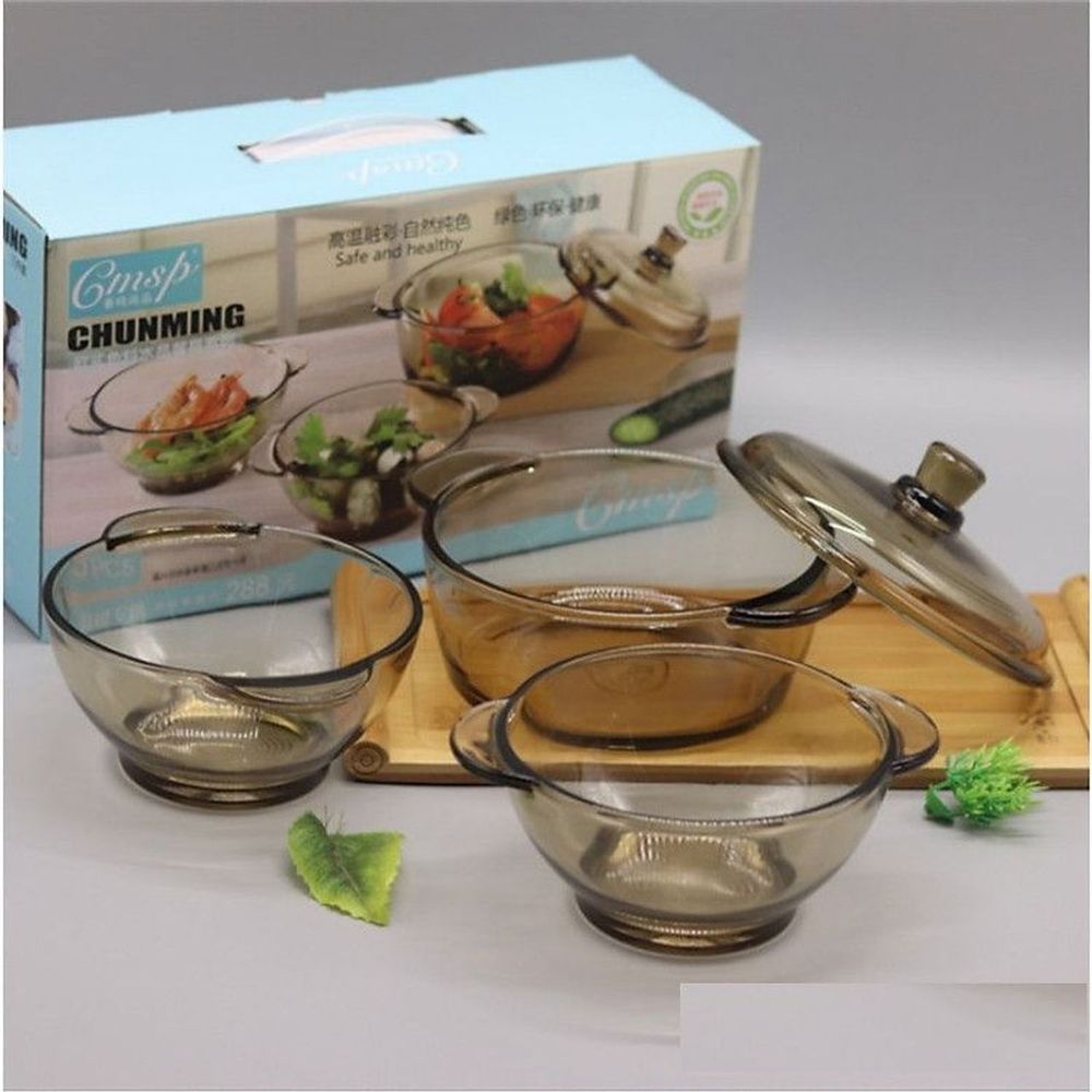 Bộ Bát Thuỷ Tinh Vàng 3 Món (1 Nồi 2 Bát) (THÙNG 10B)