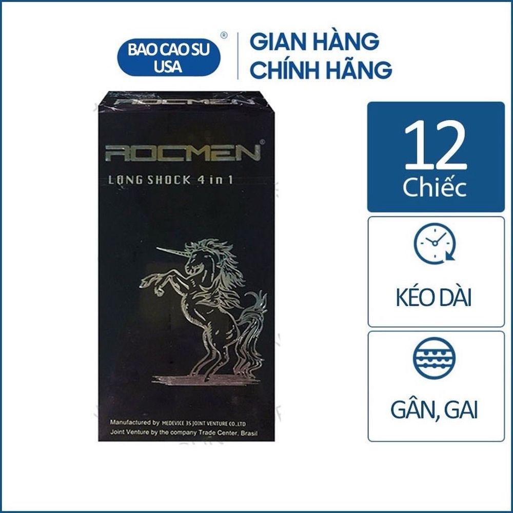 Bao cao su Rocmen đen Long Shock 4 in 1 kéo dài thời gian ( Hộp 12 cái)