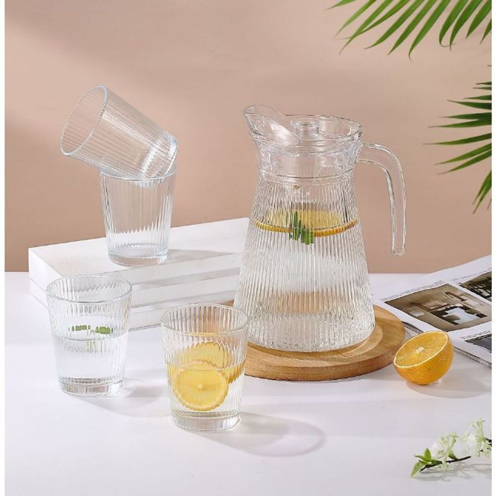 Bộ bình đựng nước uống thủy tinh kèm 6 cốc sọc tăm ( THÙNG 6B)