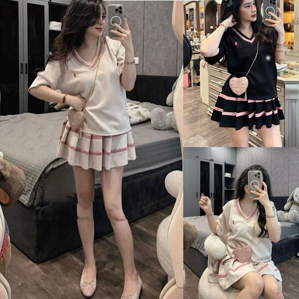 Set váy áo nữ cổ V phối viền màu kèm chân váy xếp ly hot girl chất liệu tăm lạnh hàng đẹp