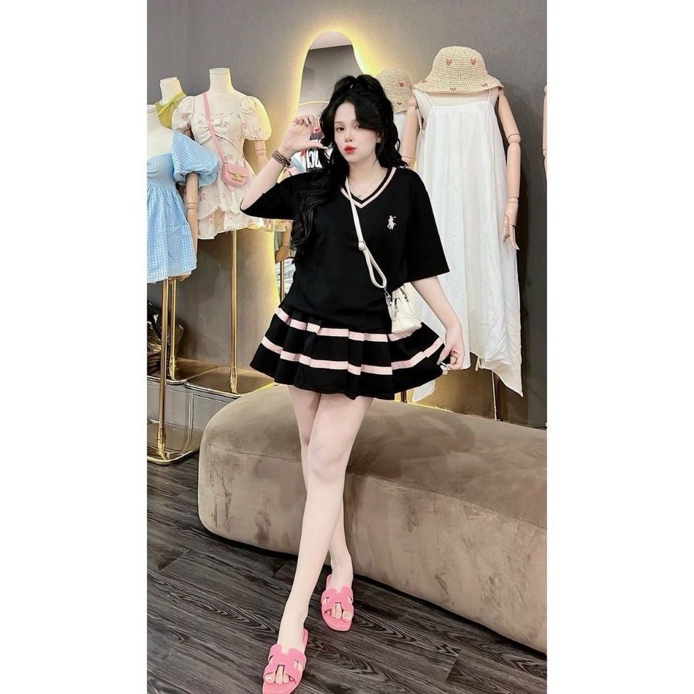 Set váy áo nữ cổ V phối viền màu kèm chân váy xếp ly hot girl chất liệu tăm lạnh hàng đẹp