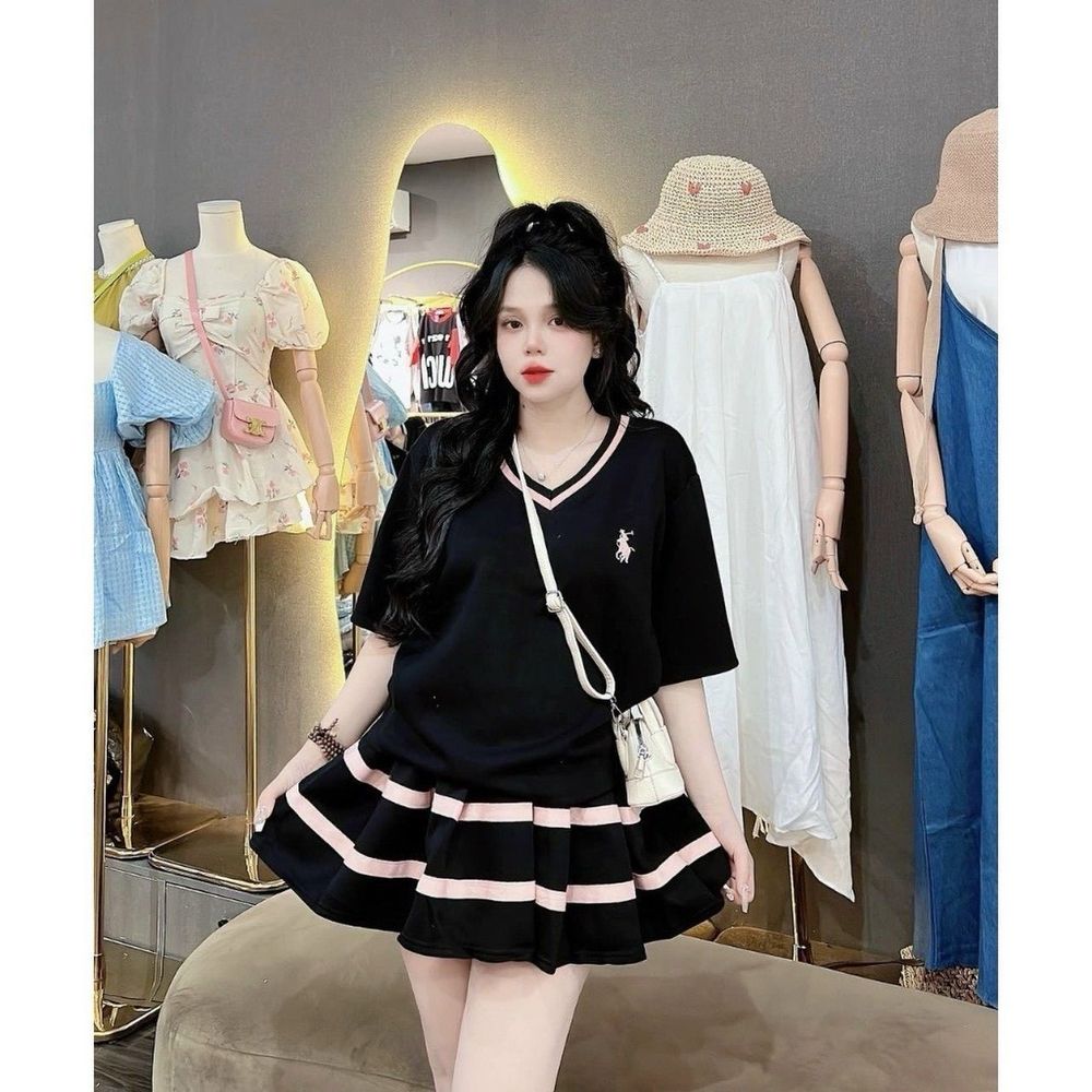 Set váy áo nữ cổ V phối viền màu kèm chân váy xếp ly hot girl chất liệu tăm lạnh hàng đẹp