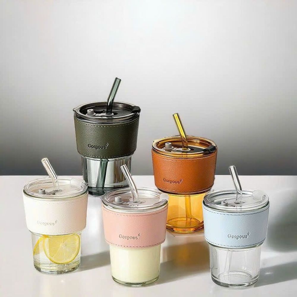 Ly thủy tinh bọc da 450ml có ống hút và dây treo - ca uống nước 420ml trong suốt có bao da cách nhiệt