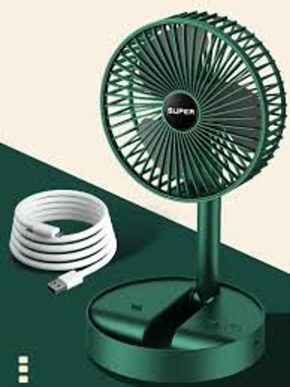 Quạt Tích Điện SUPER Gấp Gọn, Quạt Mini Để Bàn Xoay 180 Độ, 3 Tốc Độ Gió, Cổng Sạc USB