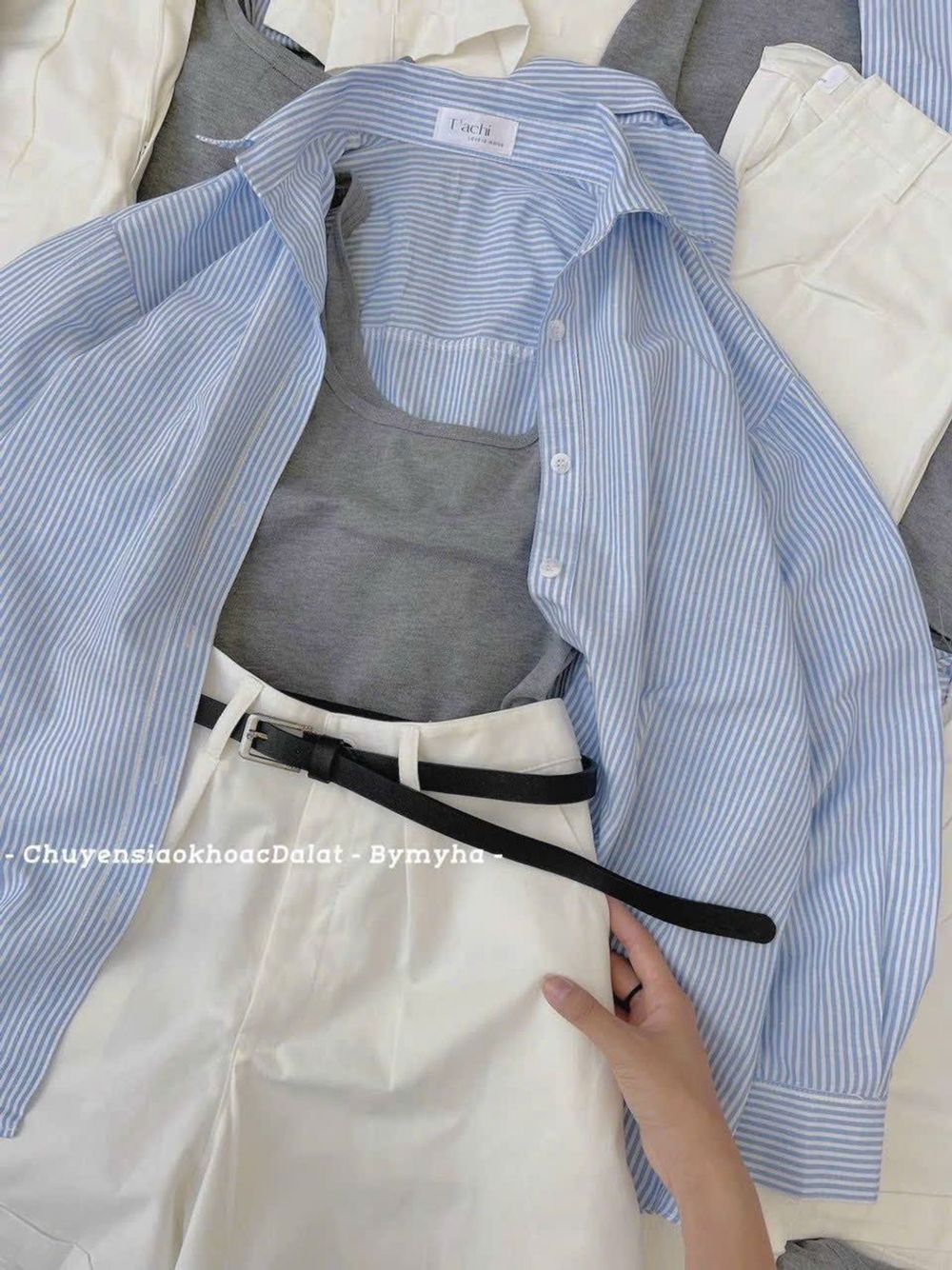 Set 3 món áo 2 dây bản to, quần short cứng, khoác sơ mi kèm nịt freesize dưới 55kg