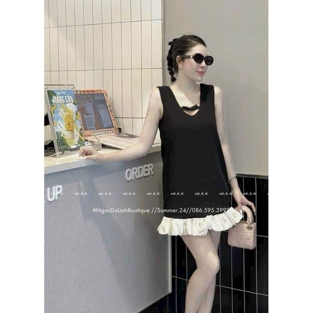 Váy Tuyết Mưa Sát Nách Cổ V Kiểu, Đầm Suông Viền Bèo Dáng Ngắn Thời Trang