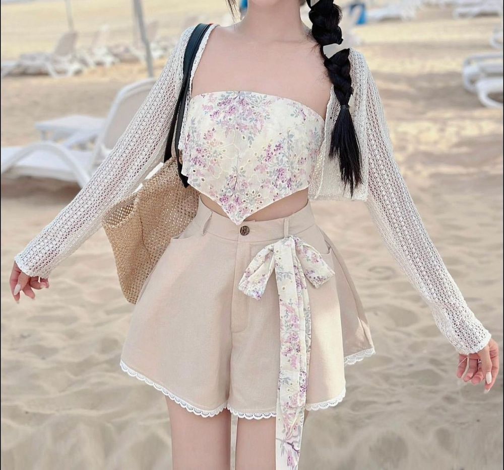 set 3 món áo yếm xô ren 2 lớp có mút kèm khoác ren, quần short cứng