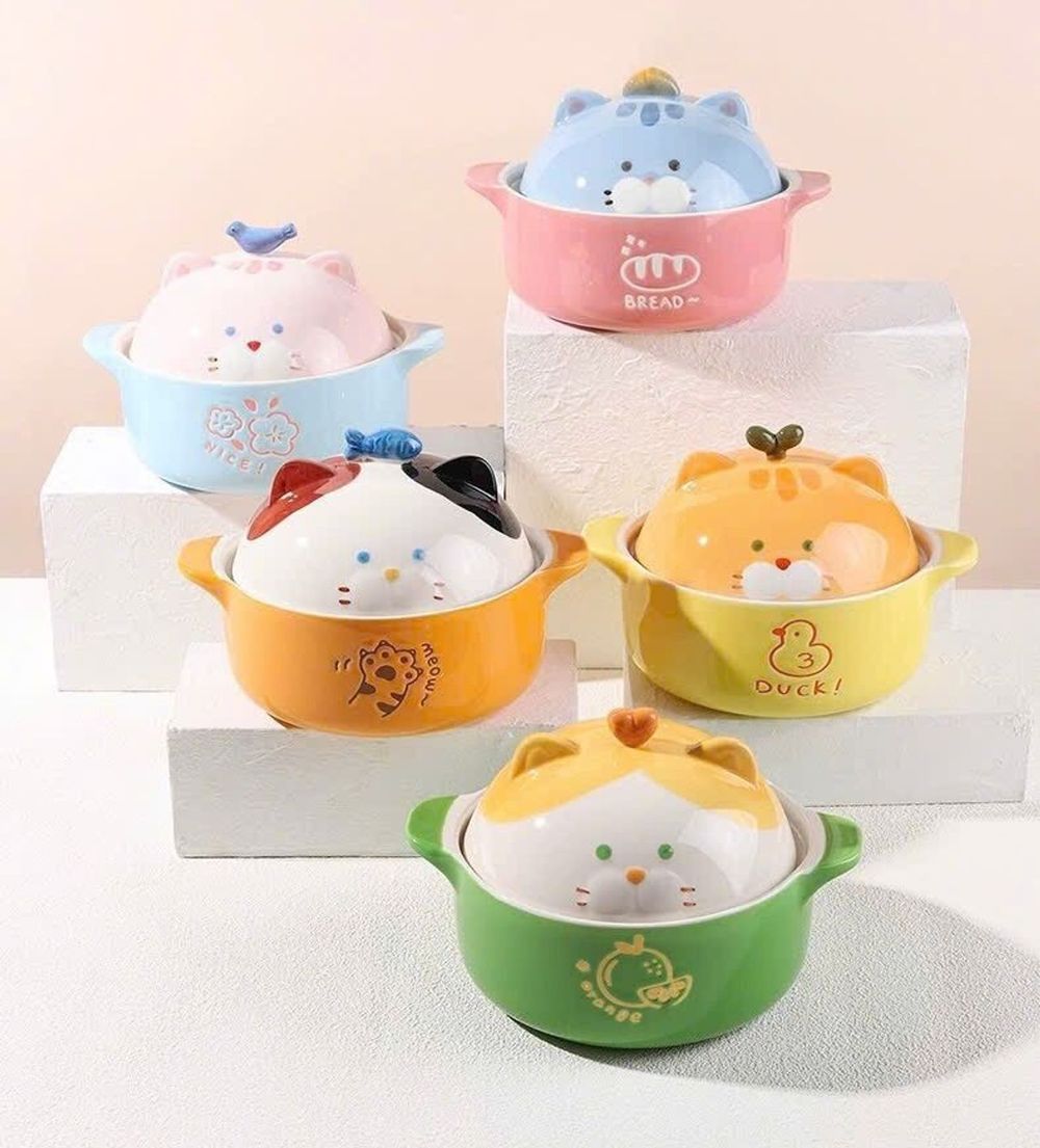Bộ Bát Đĩa Gốm Sứ Hình Mèo Dễ Thương (Model MEOW) - Phong Cách Hàn Quốc