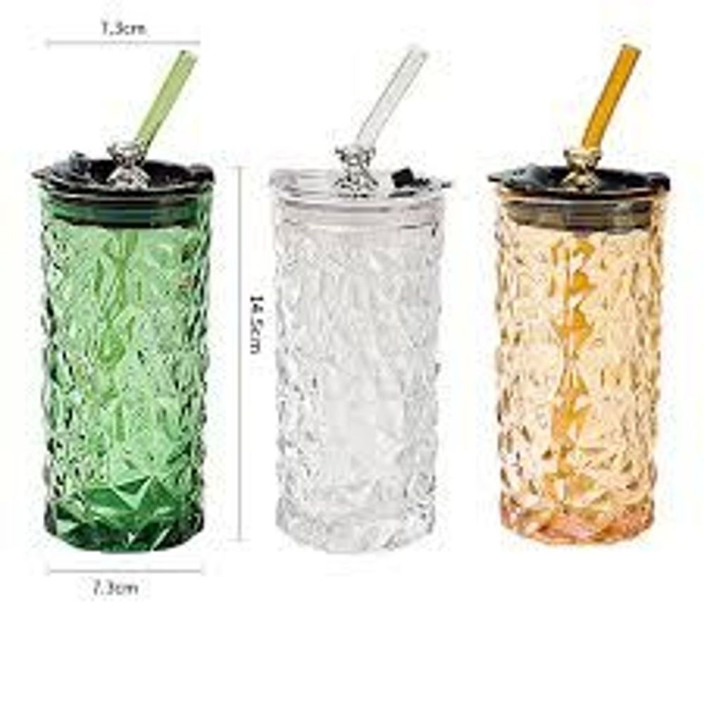 LY THỦY TINH VÂN PHA LÊ NẮP KÍN GẤU + TẶNG KÈM ỐNG HÚT THỦY TINH 400ML + TẶNG CỌ VỆ SINH ỐNG HÚT