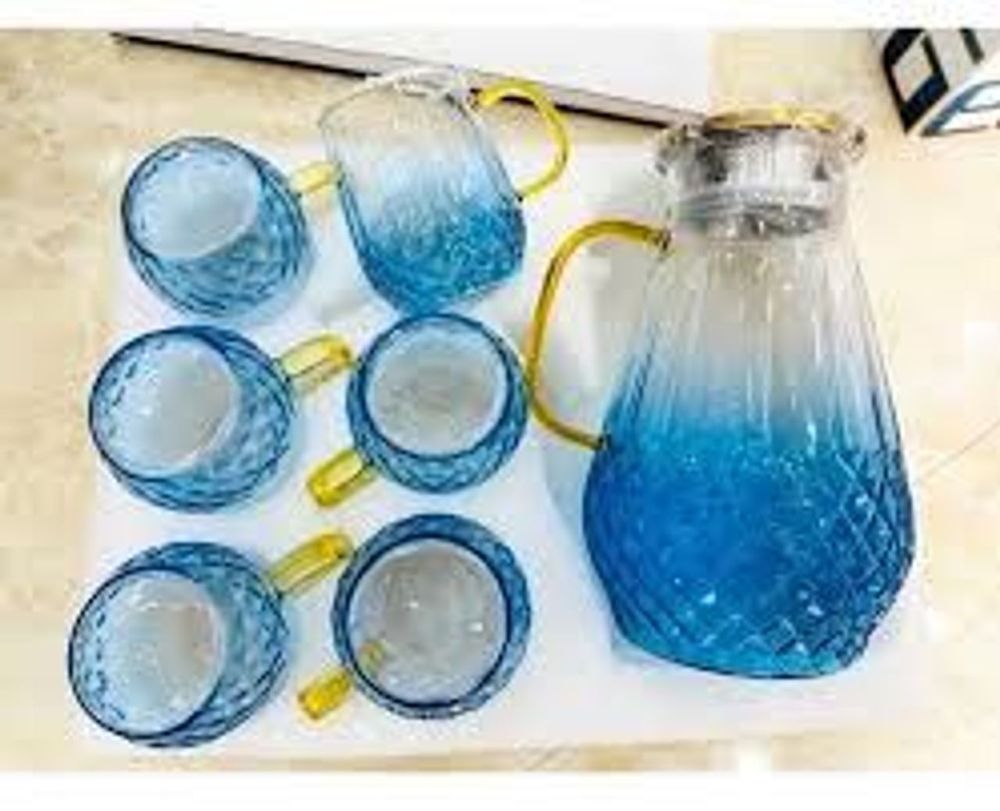 Bộ 6 Cốc Thủy Tinh Kèm Bình Chịu Nhiệt Phong Cách Châu Âu Sang Trọng Màu Xanh