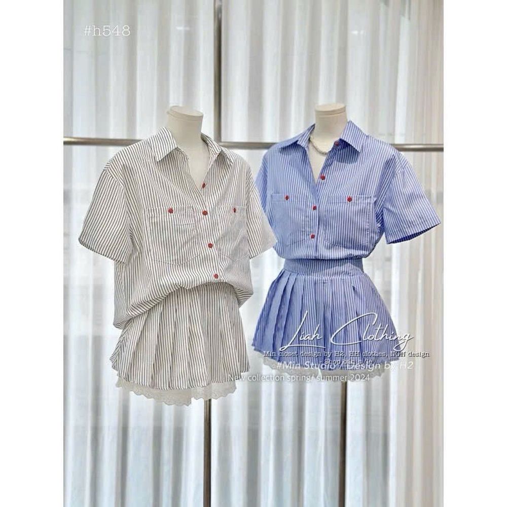 sét 2 món,kate lụa sọc,logo thêu,chân váy xếp ly,có quần lót phối dưới 55kg.