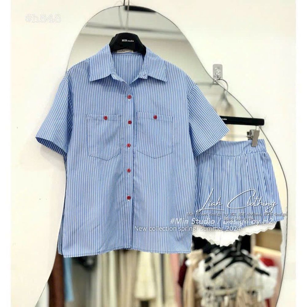 sét 2 món,kate lụa sọc,logo thêu,chân váy xếp ly,có quần lót phối dưới 55kg.