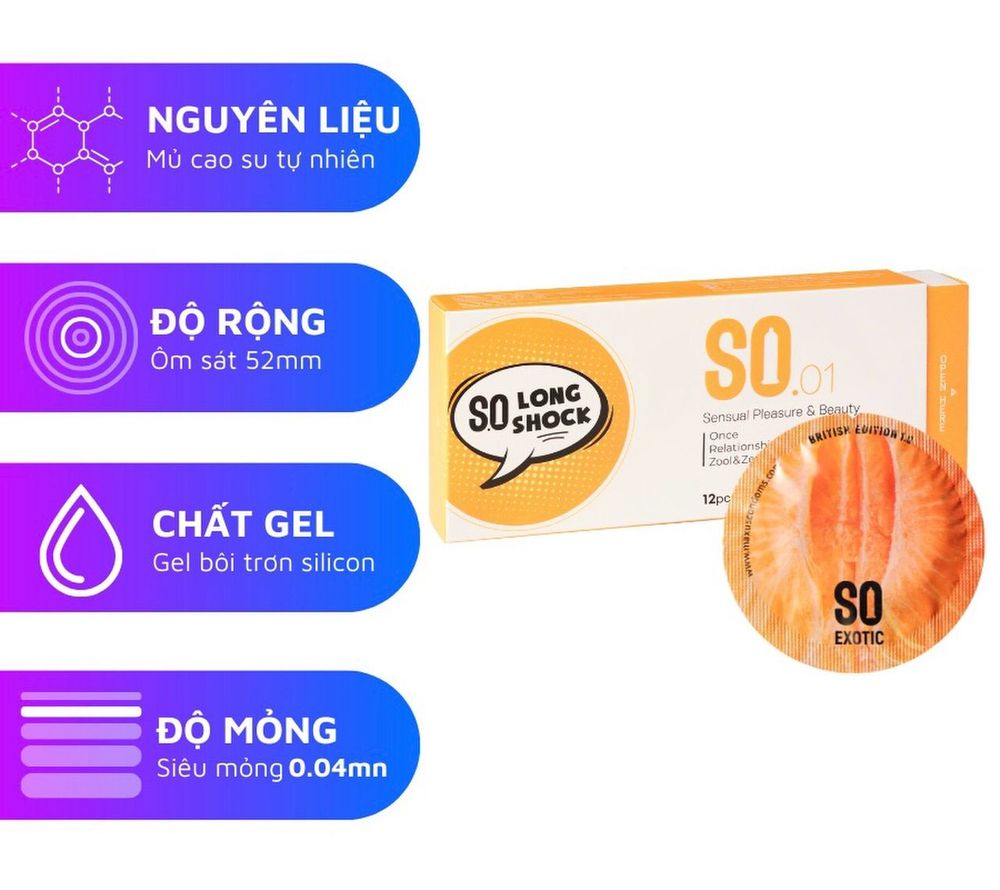 Bao cao su SO LONG SHOCK size 52mm siêu mỏng, kéo dài