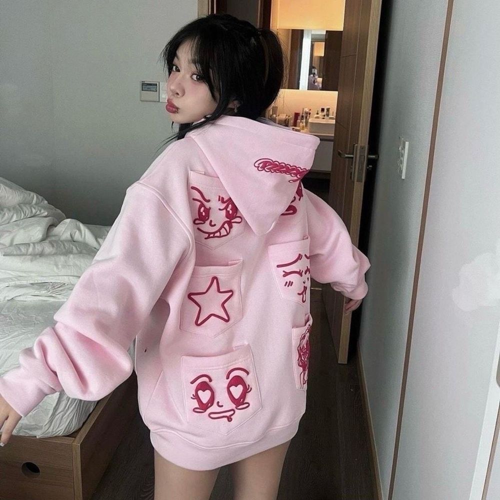 Aó khoác 8 túi in biểu cảm đáng yêu, chất thun nỉ dày mịn, nón rộng 2 lớp, freesize dưới 70kg