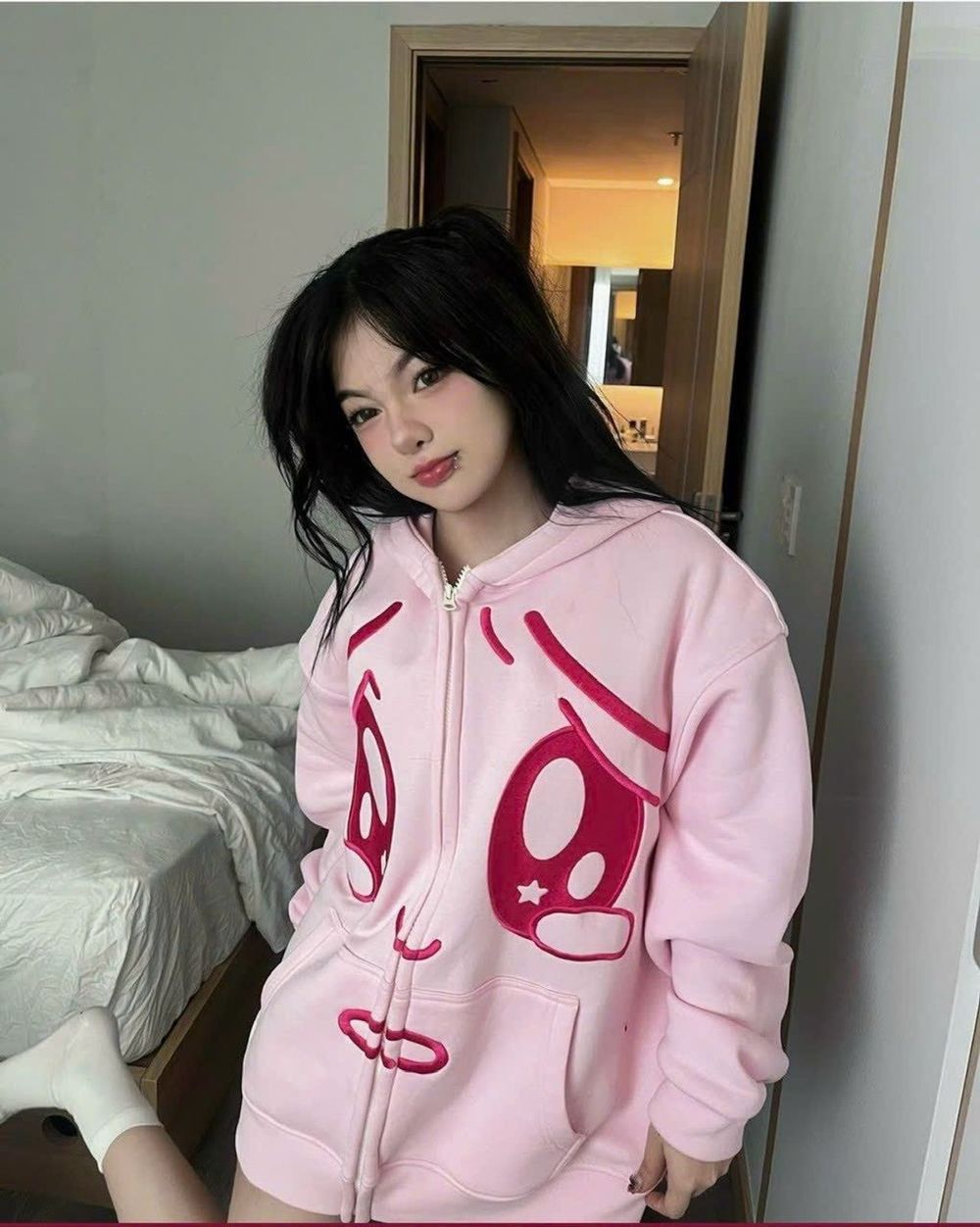 Aó khoác 8 túi in biểu cảm đáng yêu, chất thun nỉ dày mịn, nón rộng 2 lớp, freesize dưới 70kg