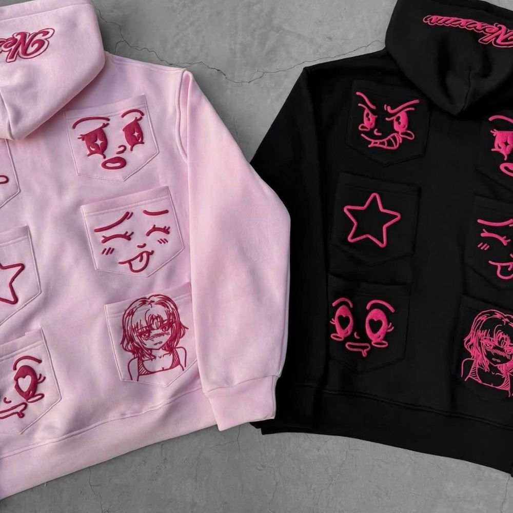 Aó khoác 8 túi in biểu cảm đáng yêu, chất thun nỉ dày mịn, nón rộng 2 lớp, freesize dưới 70kg