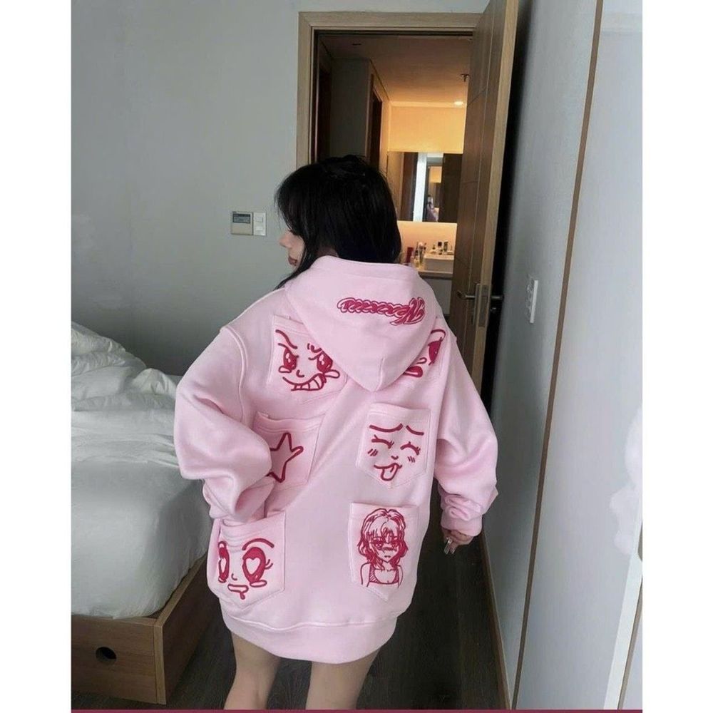 Aó khoác 8 túi in biểu cảm đáng yêu, chất thun nỉ dày mịn, nón rộng 2 lớp, freesize dưới 70kg