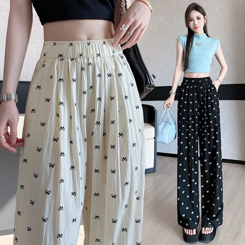 QUẦN DÀI LƯNG CHUN IN NƠ chất đũi gió nhăn Freesize dưới 55kg