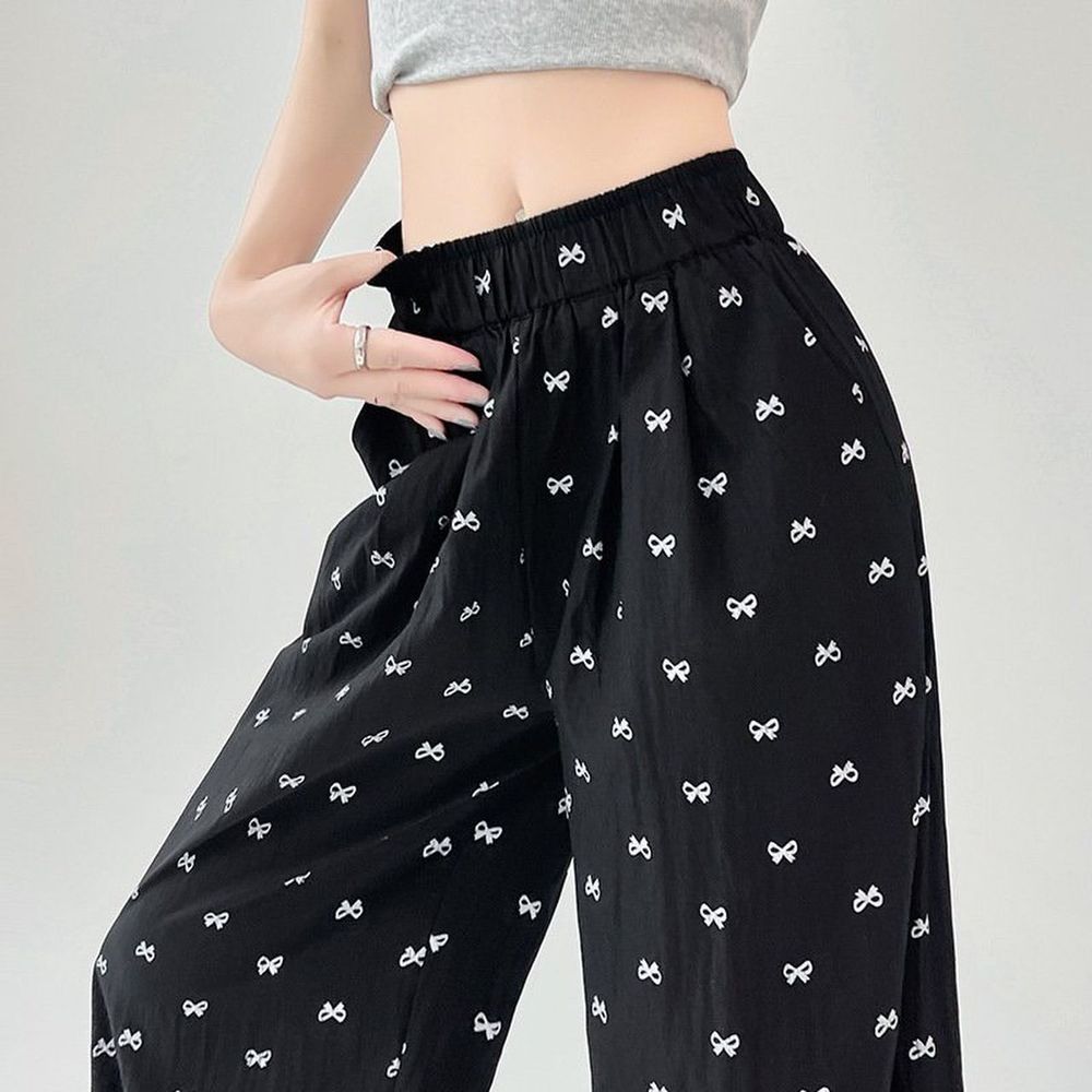 QUẦN DÀI LƯNG CHUN IN NƠ chất đũi gió nhăn Freesize dưới 55kg