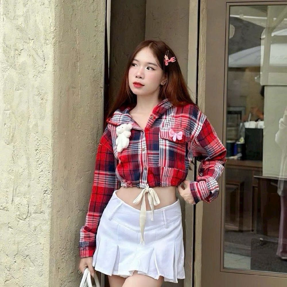 ÁO KHOÁC SƠ MI FORM CROPTOP, KATE NỈ caro dày có áo trong.dây rút lai ,kèm gấu . Freesizedưới 55kg