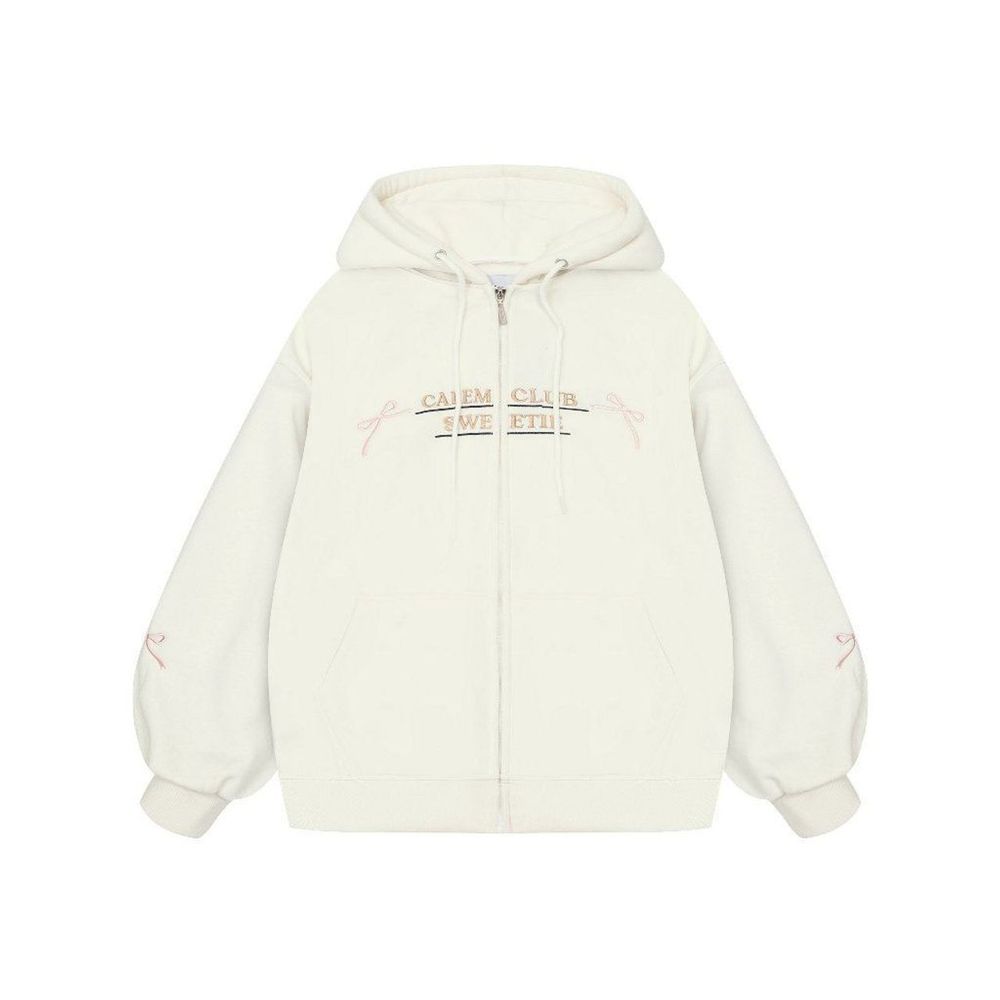 Áo khoác thêu nơ chất thun nỉ dày mịn, nón rộng 2 lớp vải chính ,logo thêu ,dây kéo phao, tay phồng rộng