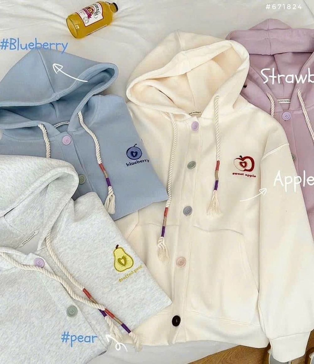 Áo khoác cadigan gài nút có nón 2 lớp rộng, logo thêu trái cây, freesize dưới 70kg