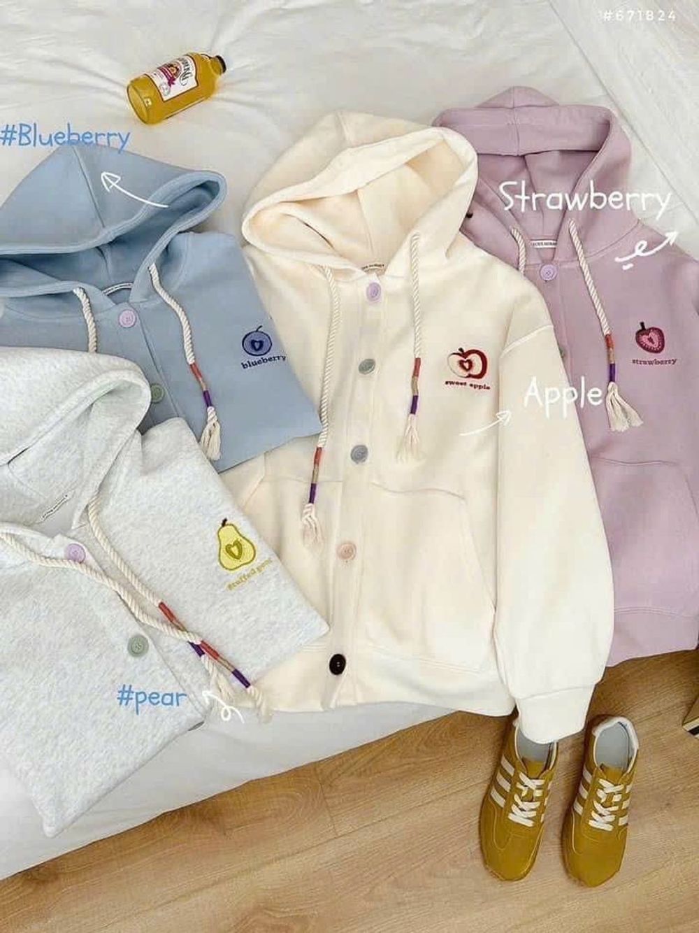 Áo khoác cadigan gài nút có nón 2 lớp rộng, logo thêu trái cây, freesize dưới 70kg