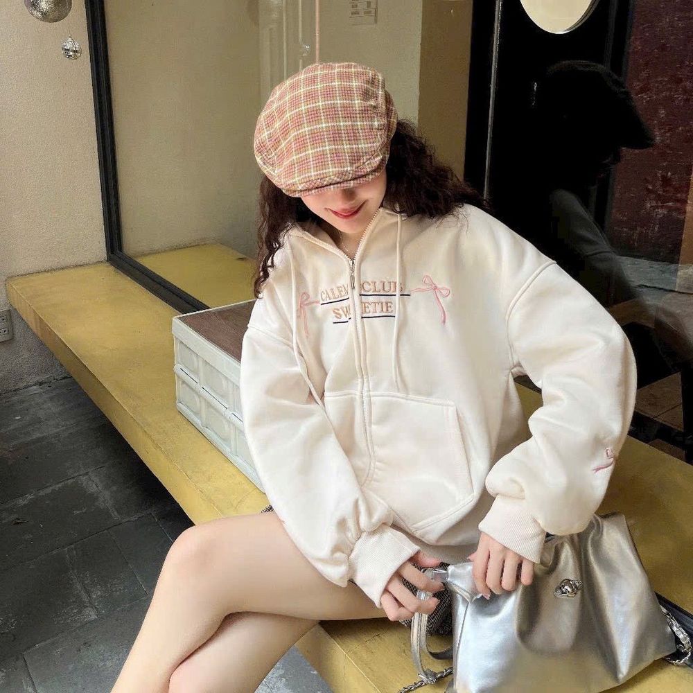 ￼Áo khoác Hoodie zip nỉ thêu Nơ 2 CÁNH TAY SWEETIE CỰC DỄ THƯƠNG nón to có túi trong form rộng unisex