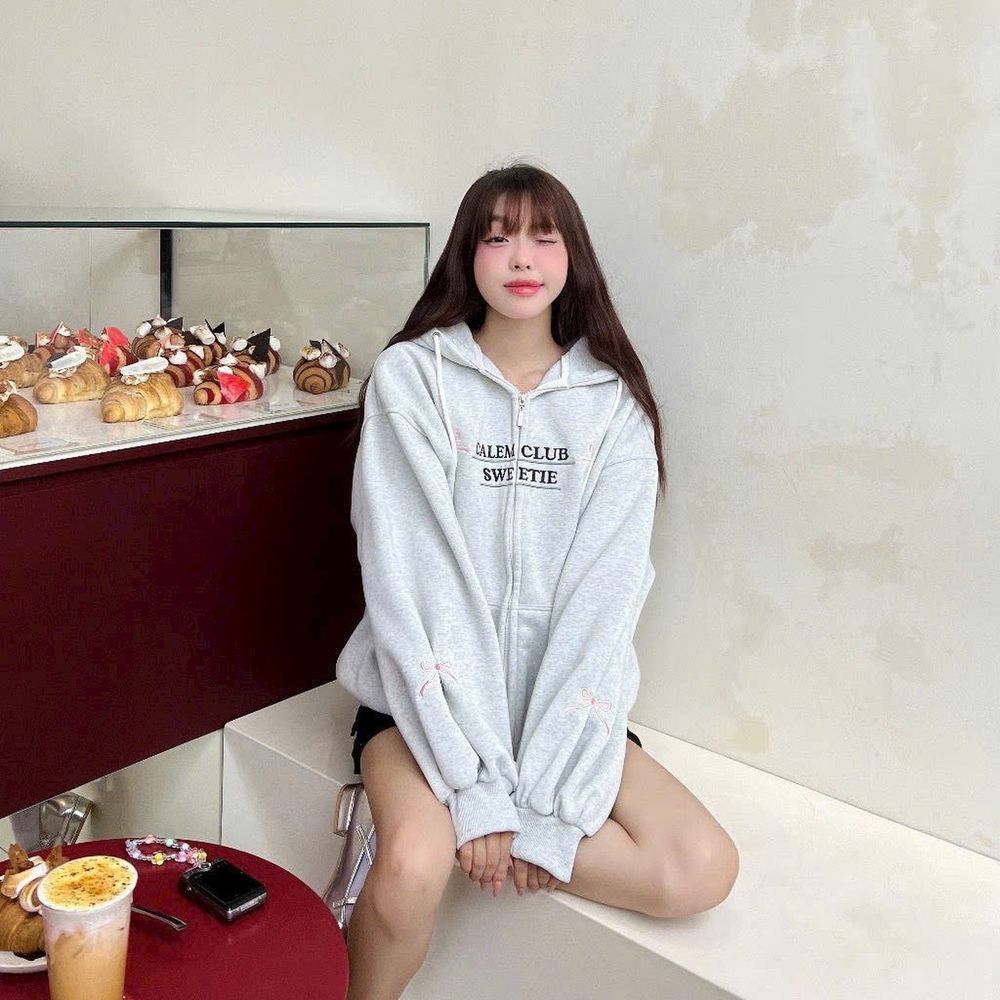 ￼Áo khoác Hoodie zip nỉ thêu Nơ 2 CÁNH TAY SWEETIE CỰC DỄ THƯƠNG nón to có túi trong form rộng unisex