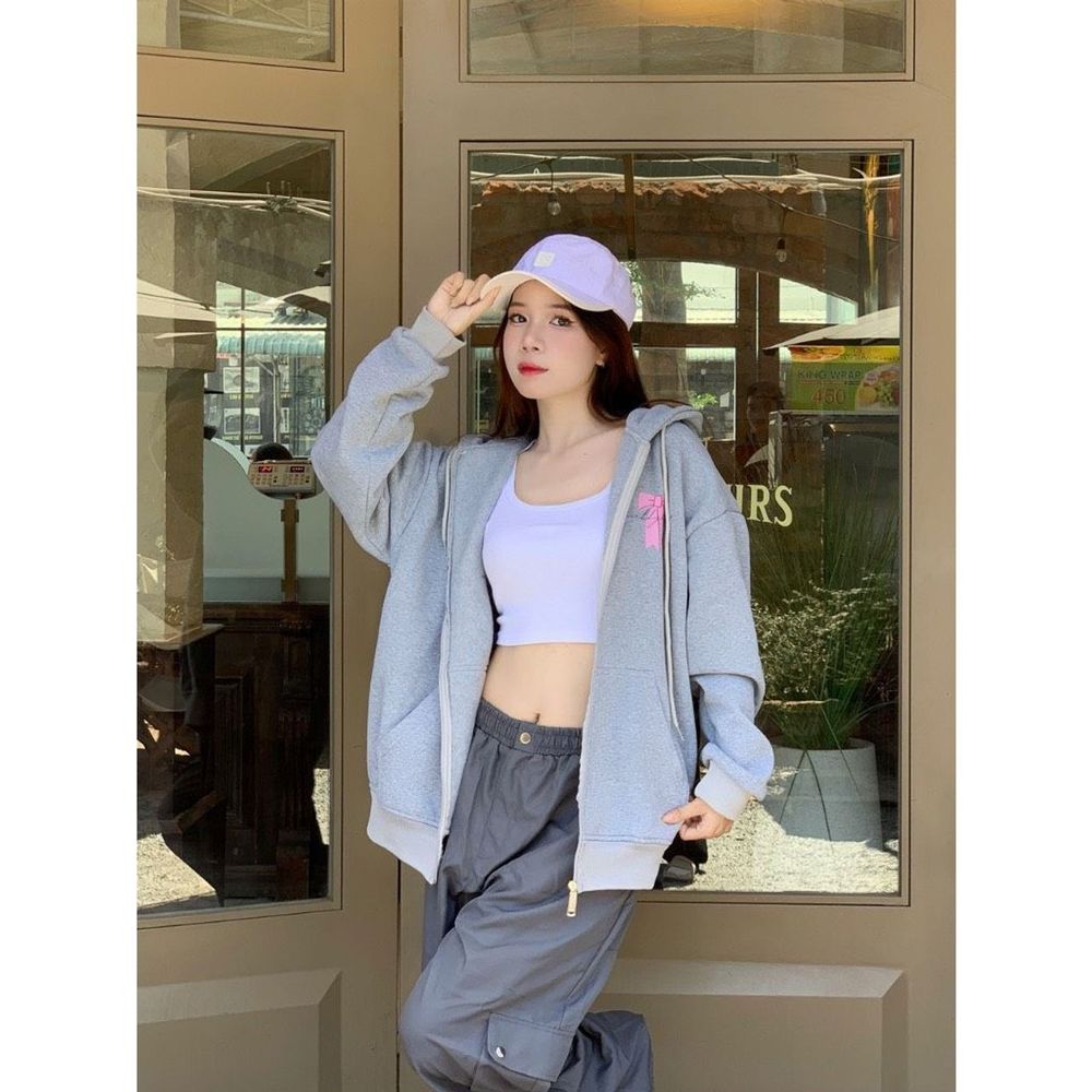 Áo khoác in Try hard trust self-love NƠ HỒNG chất thun nỉ dày mịn, nón rộng 2 lớp vải chính,tay phồng và rộng ,dây kéo phao