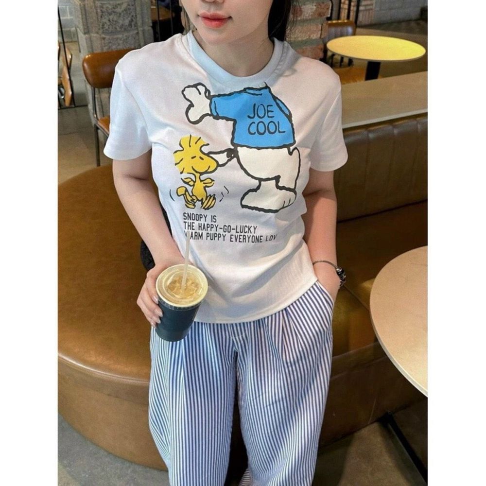 Bộ áo tay ngắn in SNOOPY, quần dài kẻ in Snoppy Chất cotton mịn mát freesize dưới 65kg