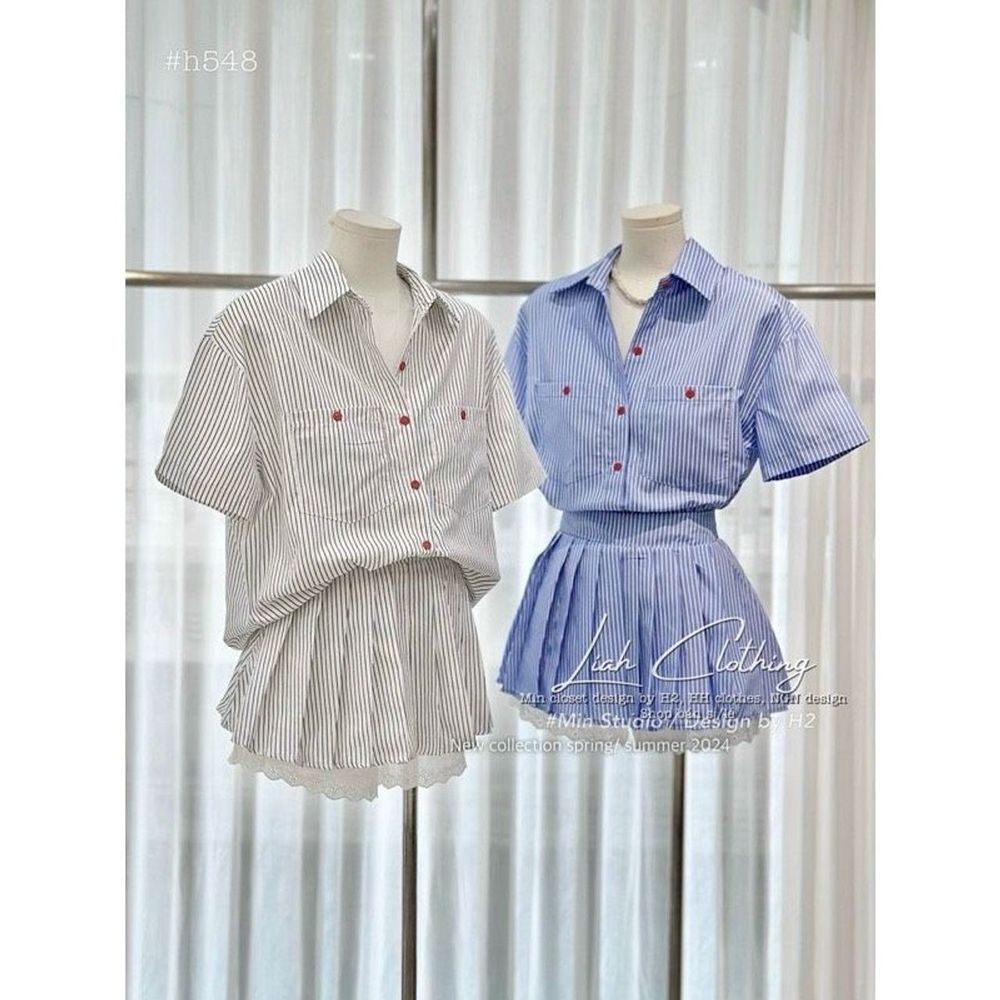 SET sơ mi sọc 2 túi nút đỏ kèm chân váy xếp ly ,có lót quần phối ren freesize dưới 55kg