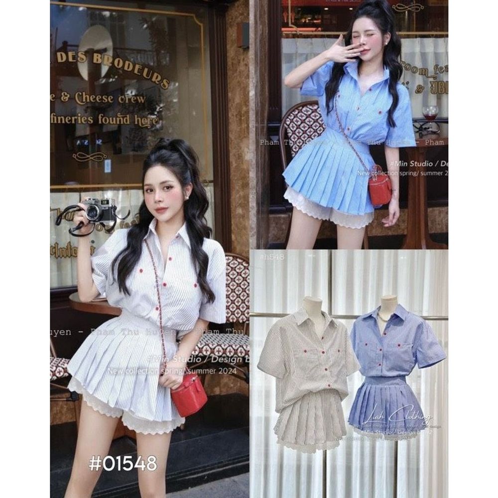 SET sơ mi sọc 2 túi nút đỏ kèm chân váy xếp ly ,có lót quần phối ren freesize dưới 55kg