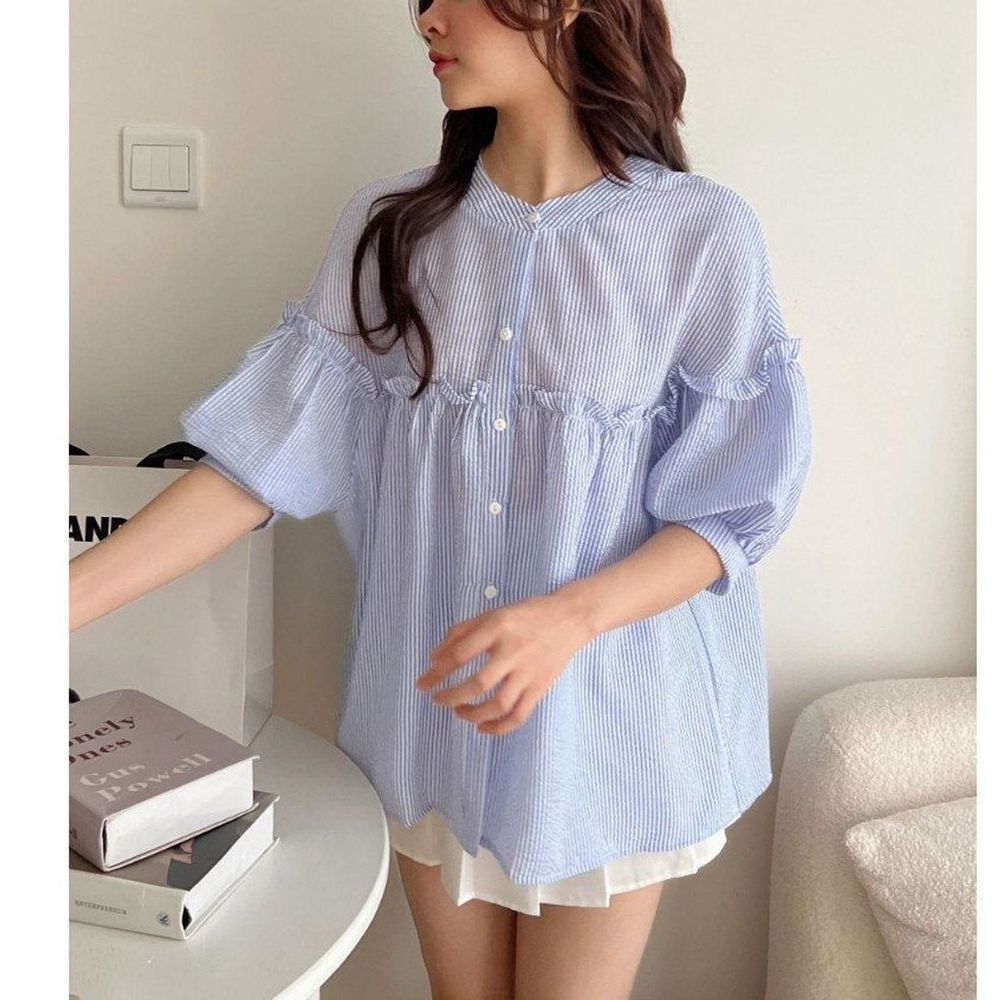 Áo sơ mi babydoll BÈO NGỰC Freesize dưới 58kg chất đũi xốp