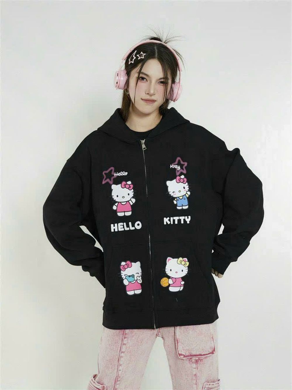 Áo khoác in hoạ tiết KITTY không lem freesize dưới 75kg, nón 2 lớp vải chính, dây kéo phao.tay rộng