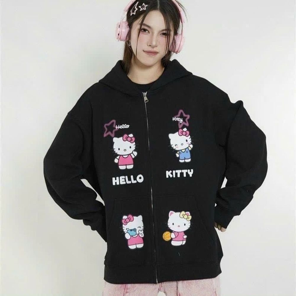 Áo khoác in hoạ tiết KITTY không lem freesize dưới 75kg, nón 2 lớp vải chính, dây kéo phao.tay rộng