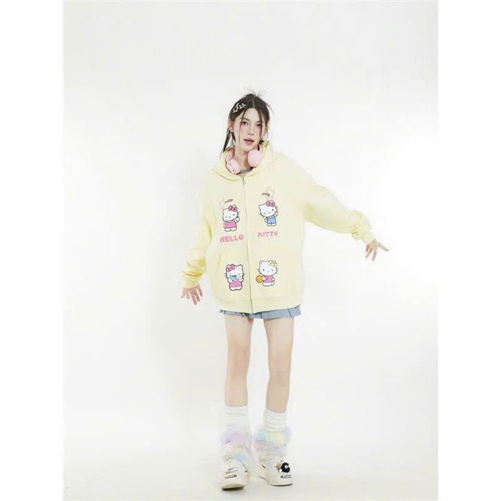 Áo khoác in hoạ tiết KITTY không lem freesize dưới 75kg, nón 2 lớp vải chính, dây kéo phao.tay rộng