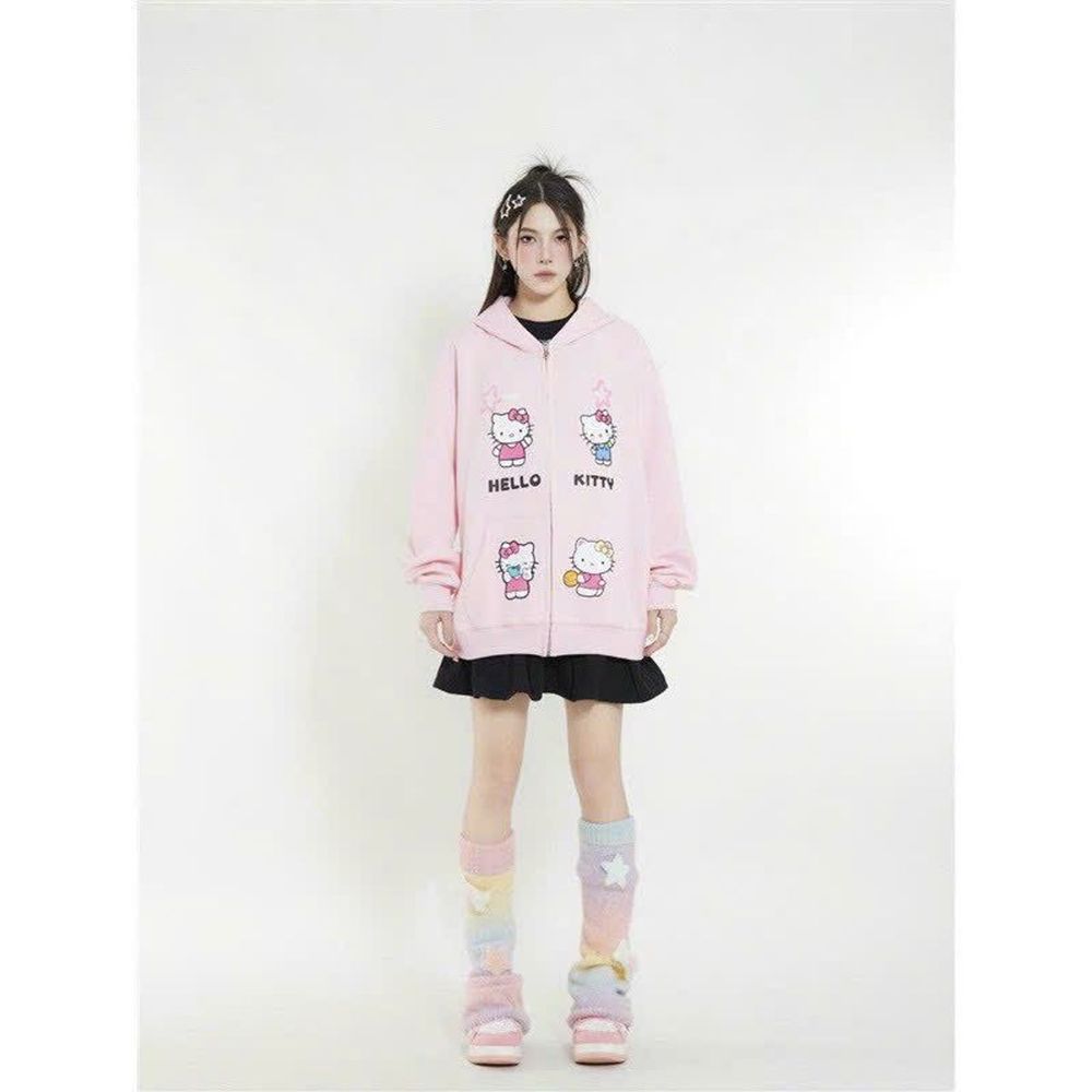 Áo khoác in hoạ tiết KITTY không lem freesize dưới 75kg, nón 2 lớp vải chính, dây kéo phao.tay rộng