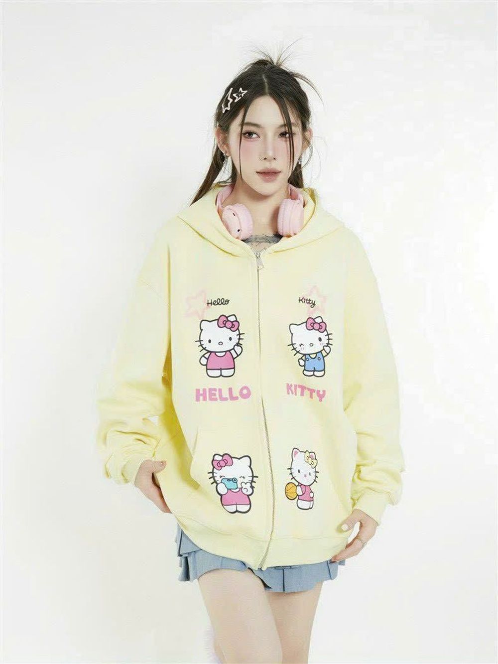 Áo khoác in hoạ tiết KITTY không lem freesize dưới 75kg, nón 2 lớp vải chính, dây kéo phao.tay rộng