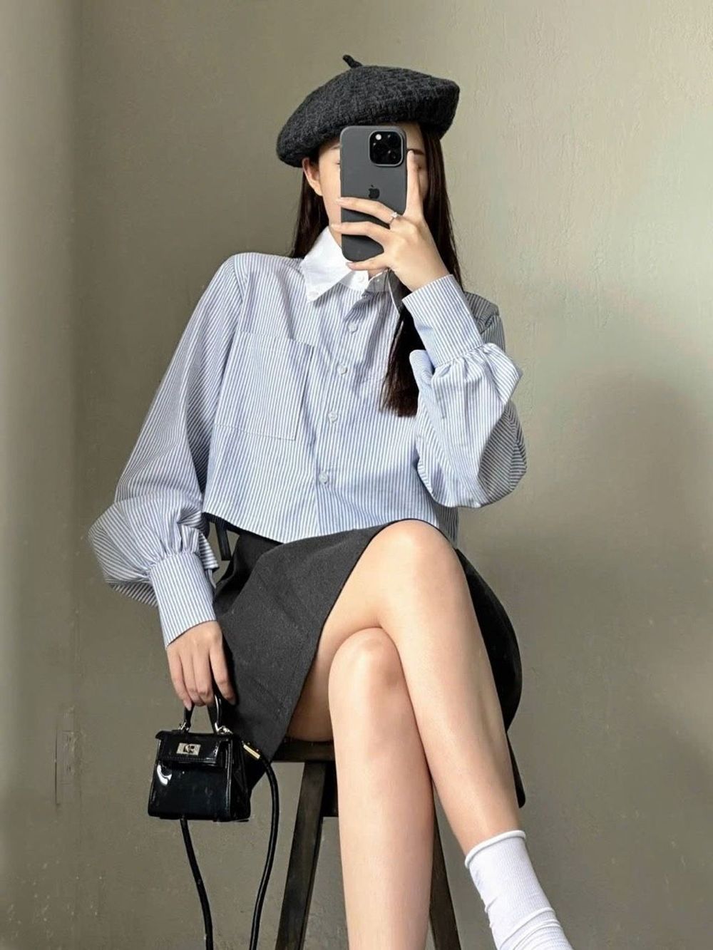 ÁO SƠ MI CROPTOP phối CỔ TRẮNG Chất vải kate sọc mát freesize dưới 55kg