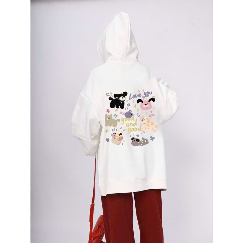 Áo hoodie tay phồng rộng in CÚN LOVE YOU GOOD AND GOOD form rộng dưới 75kg vải dày mịn đẹp