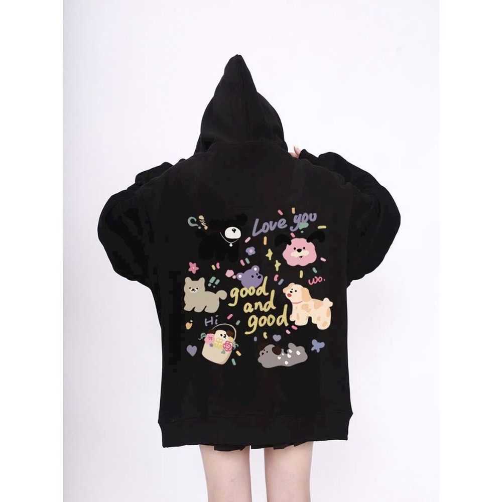 Áo hoodie tay phồng rộng in CÚN LOVE YOU GOOD AND GOOD form rộng dưới 75kg vải dày mịn đẹp