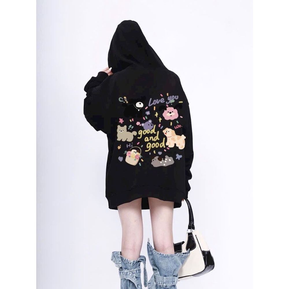 Áo hoodie tay phồng rộng in CÚN LOVE YOU GOOD AND GOOD form rộng dưới 75kg vải dày mịn đẹp