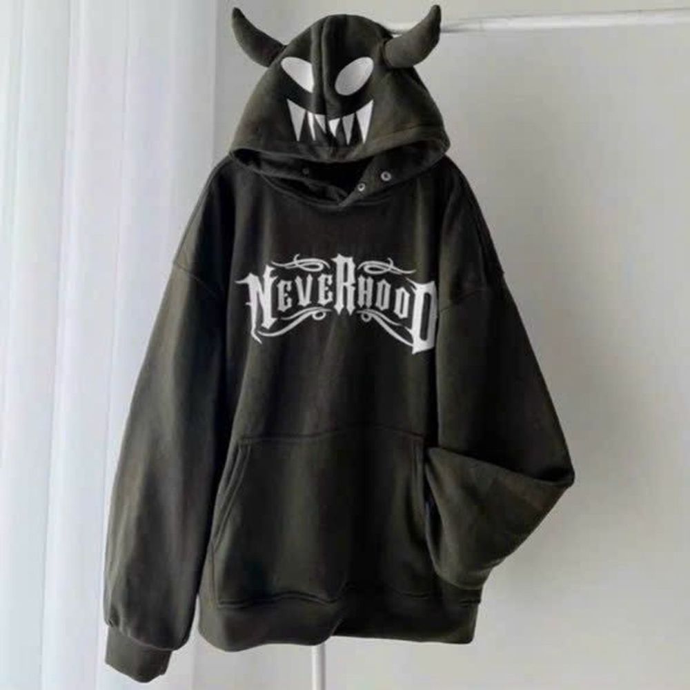 Áo hoodie nón 2 sừng in mặt quỷ, NEVER HOOD chất nỉ mềm mịn, logo in,form rộng freesize dưới70kg
