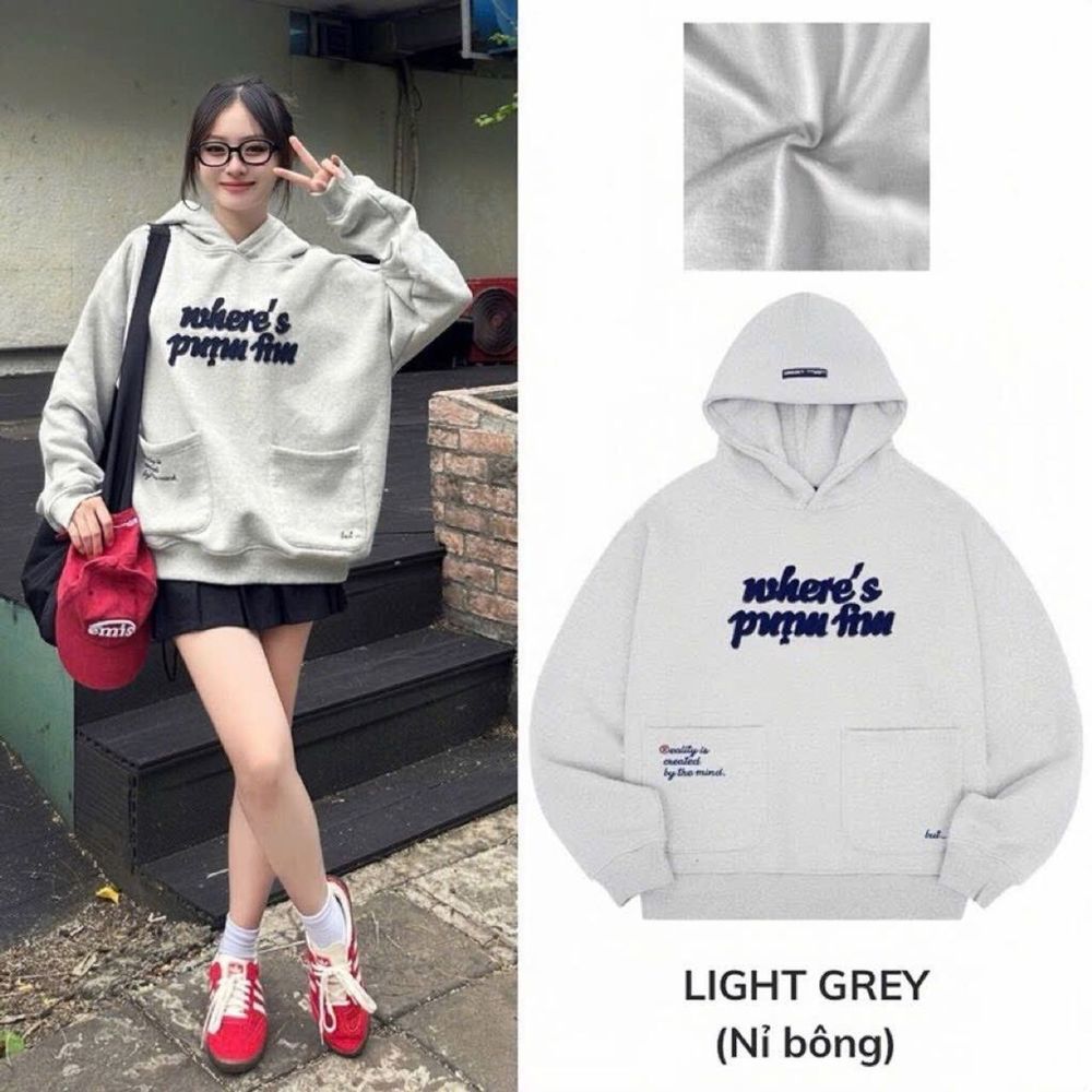 Áo hoodie in WHERE'S PUIM FIM tay phồng nón rộng, chất thun nỉ dày mịn mát freesize dưới 70kg