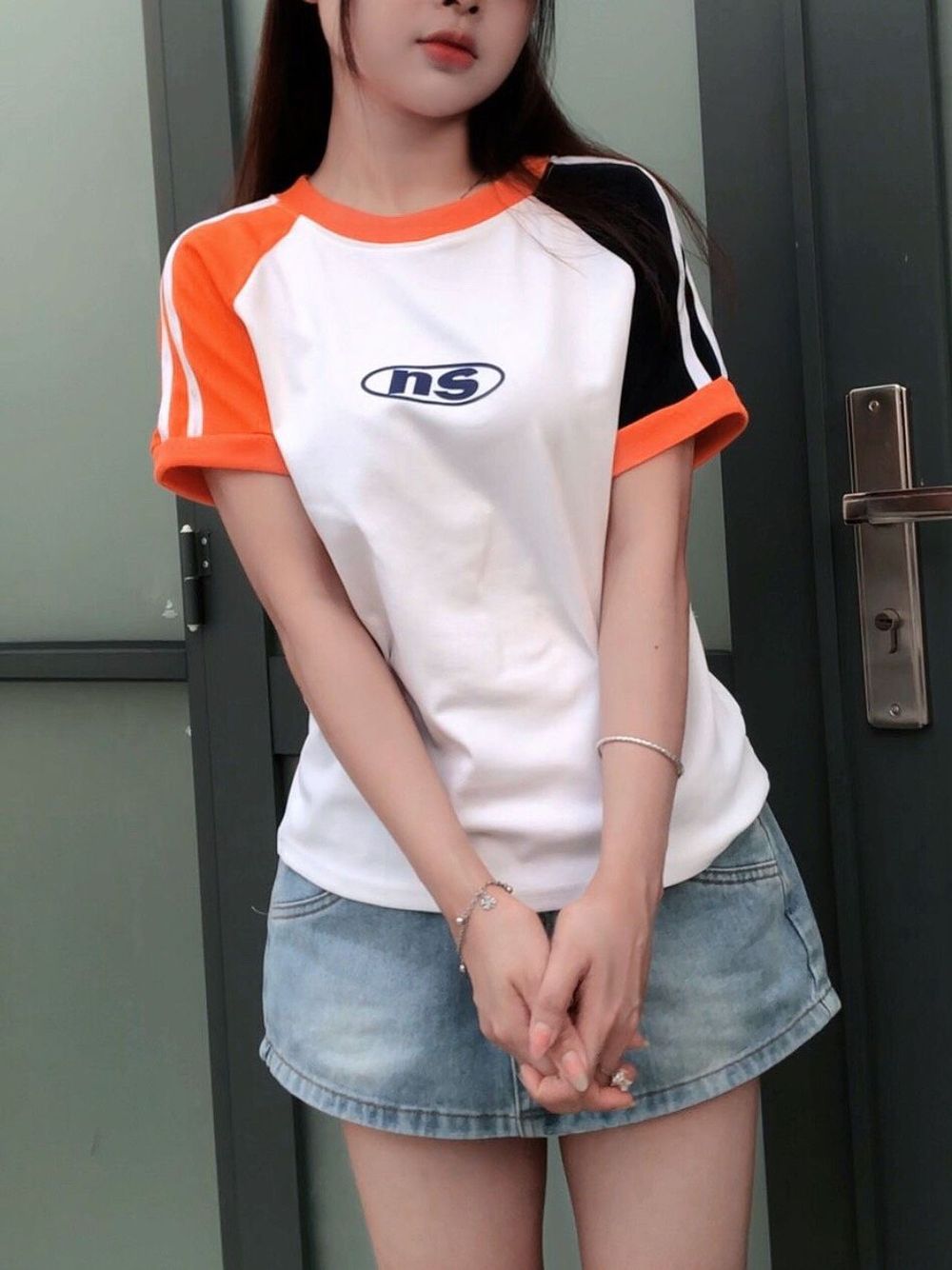 Áo baby tee chất thun cotton tay raplag phối màu cam xanh trắng hot trend